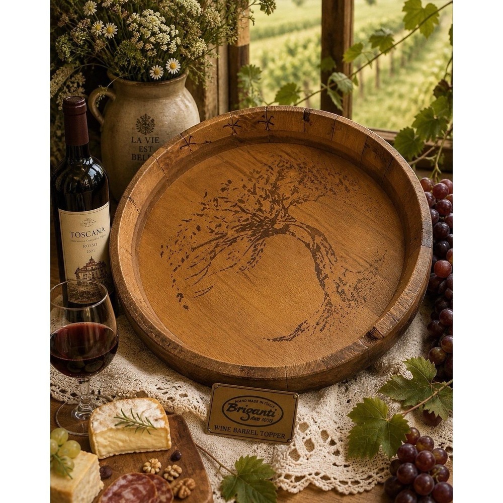 Briganti Srl Italy Wooden Italian Wine Tree Barrell Topper decor/Tray 17.25"